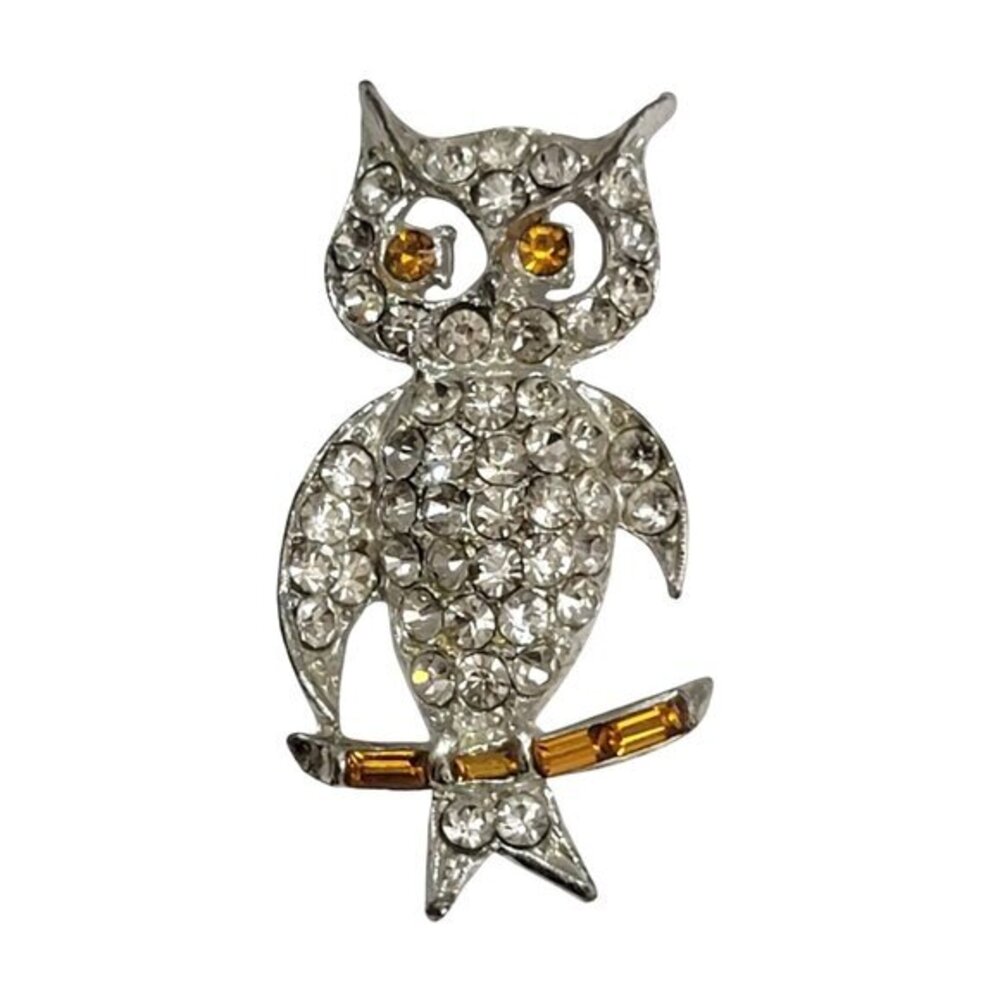 Vintage Rhinestone Owl Brooch Amber Clear Crystals Silver Tone Jewelry
